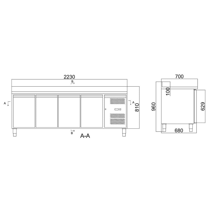 Vaiotec EASYLINE Kühltisch 700 / 4-türig inkl. Aufkantung - Monoblock