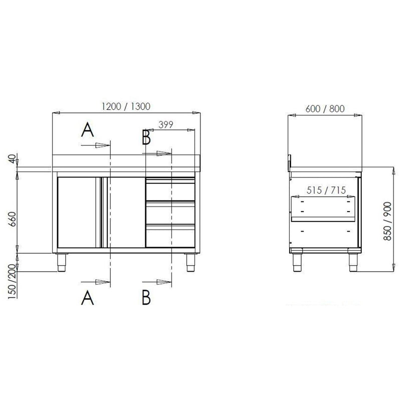 Vaiotec TOPLINE Arbeitsschrank 600 / 2 Schiebetüren, 3 Schubladen & Aufkantung B:2000