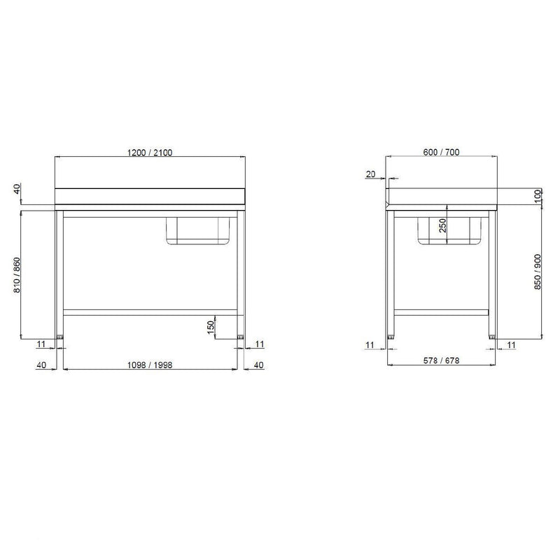 Table de direction Vaiotec TOPLINE 600 / vasque à gauche avec dosseret L:2000