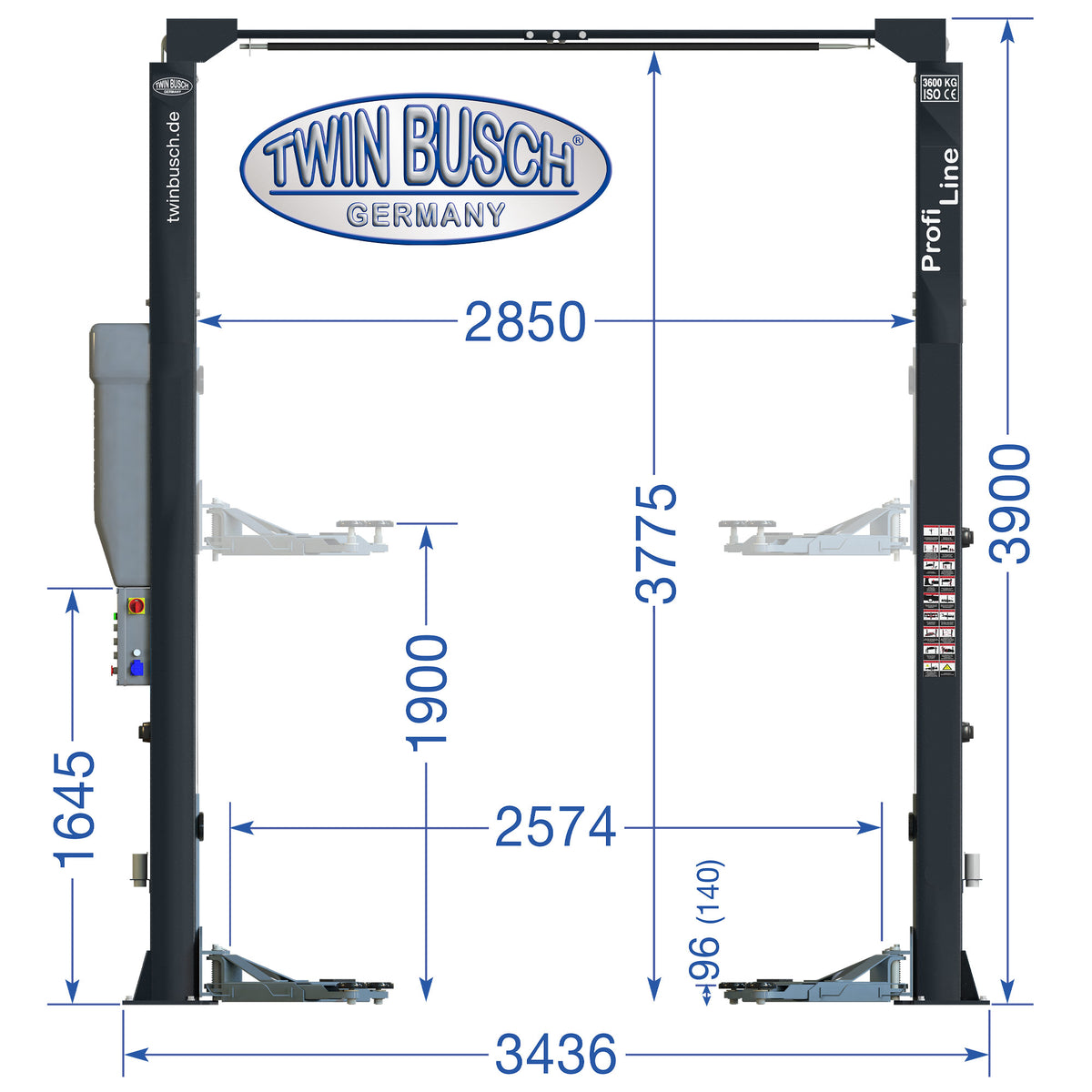 Twinbusch 2-post lift 3.6 t - barrier-free - Profi Line - GREY-Line
