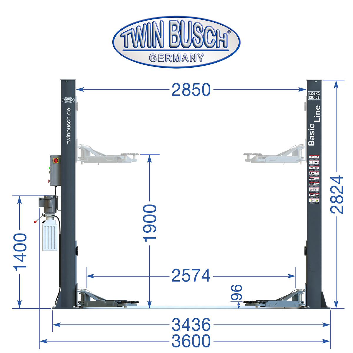 Twinbusch 2 Säulen Hebebühne 4.2 t - BASIC LINE - halbautomatische Entriegelung - GREY-Line
