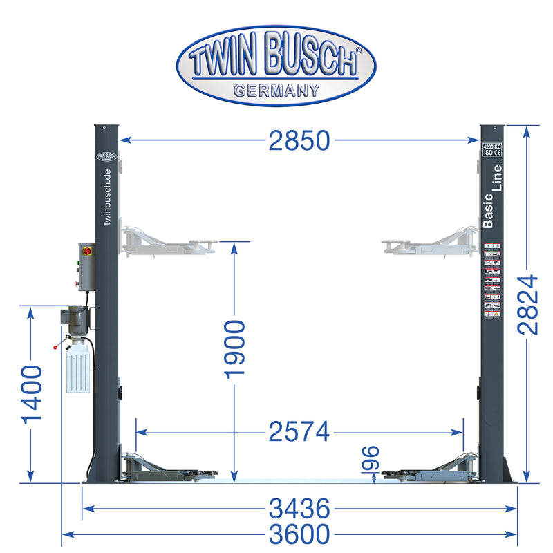 Twinbusch 2 Säulen Hebebühne 4.2 t - BASIC LINE - halbautomatische Entriegelung - GREY-Line