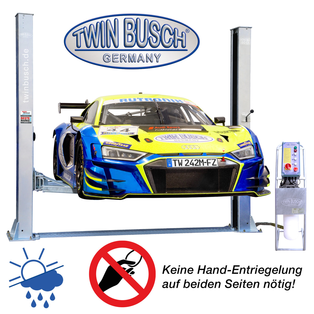 Twinbusch 2 Säulen Hebebühne 4.2 t - halbautomatische Entriegelung - vollverzinkt