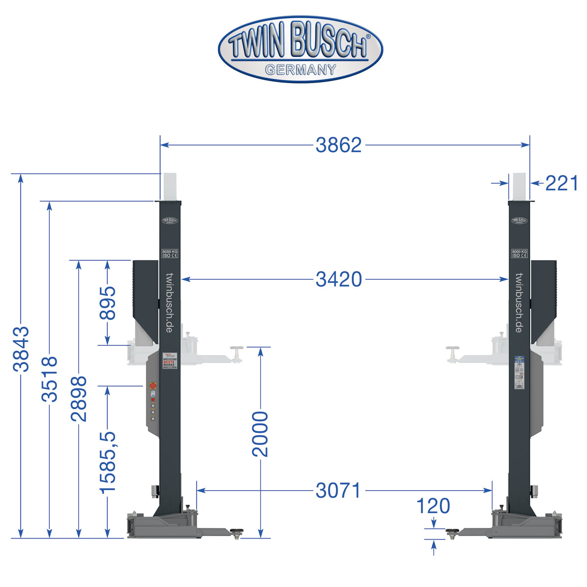 Twinbusch 2 Säulen Hebebühne 8.0 t - barrierefrei - HEAVY LINE - GREY-Line