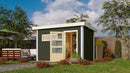 Karibu Gartensauna "Saunahaus Joost 1 mit Vorraum Terragrau/ 9kW Bio-Ofen + HUUM WIFI Steuergerät Sparset" 4 Personen