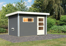 Karibu Gartensauna "Saunahaus Joost 1 mit Vorraum Terragrau/ 9kW Bio-Ofen + HUUM WIFI Steuergerät Sparset" 4 Personen