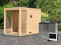 Karibu Saunahaus Angkor 1, 38 mm naturbelassen -inkl. 9 kW Bioofen ext. Steuerung- – Vorschau 1