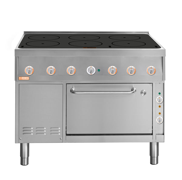 Locher Induktionsherd, 6 Kochstellen á 5 kW
mit Bratofen GN 1 1/2 mit Ober-/Unterhitze