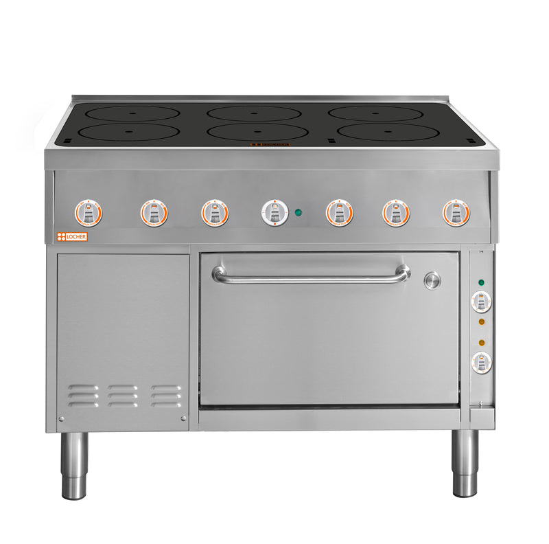 Locher Induktionsherd, 6 Kochstellen á 5 kW
mit Bratofen GN 1 1/2 mit Ober-/Unterhitze