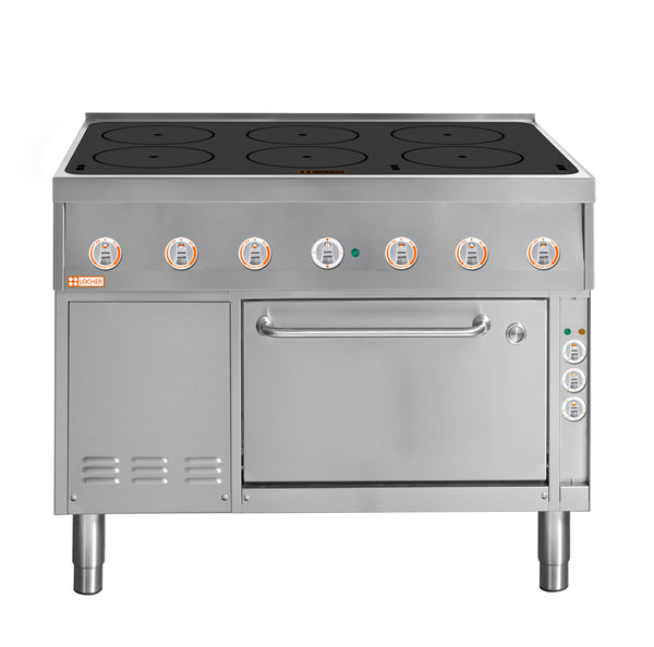 Locher Induktionsherd, 6 Kochstellen á 5 kW
mit Brat- und Backofen GN 1/1+ mit Umluft