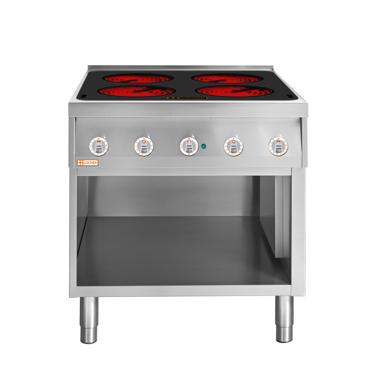 Locher electric stove, 4 cooking zones of 3 kW each,
 Radiant heating elements with electronic pot detection