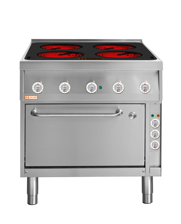 Locher Elektroherd, 4 Kochstellen á 3 kW,
Strahlheizkörper mit elektronischer Topferkennung und Brat- und Backofen GN 1/1+ mit Umluft
