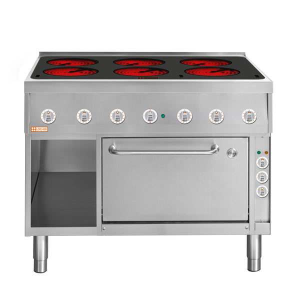 Locher Elektroherd, 6 Kochstellen á 3 kW,
Strahlheizkörper und
Brat- und Backofen GN 1/1+ mit Umluft