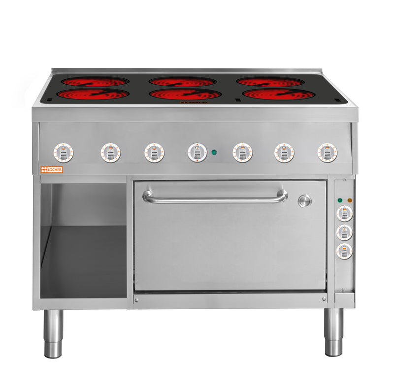 Locher Elektroherd, 6 Kochstellen á 3 kW,
Strahlheizkörper und
Brat- und Backofen GN 1/1+ mit Umluft