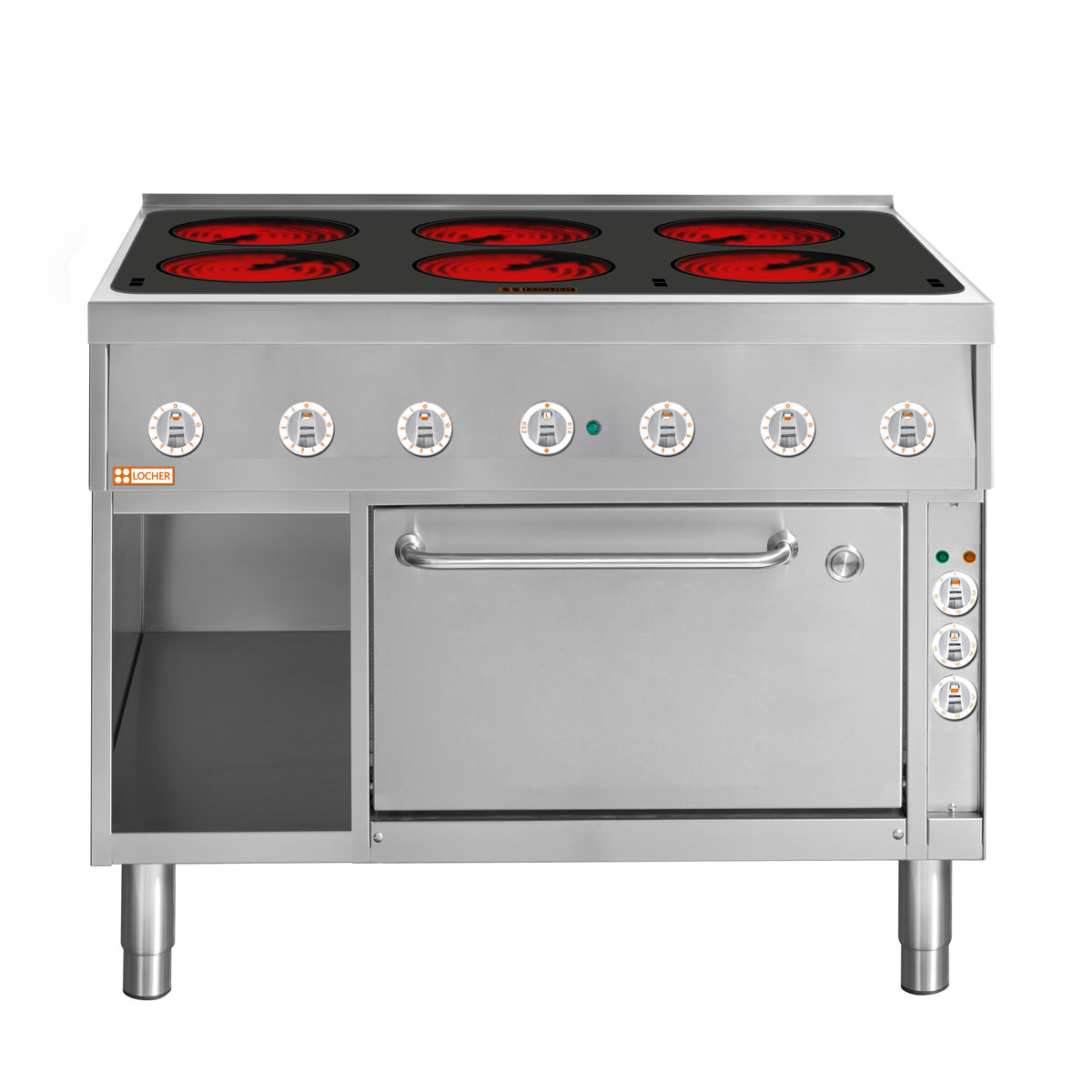 Locher Elektroherd, 6 Kochstellen á 3 kW, 
Strahlheizkörper mit elektronischer Topferkennung
und Brat- und Backofen GN 1/1+ mit Umluft