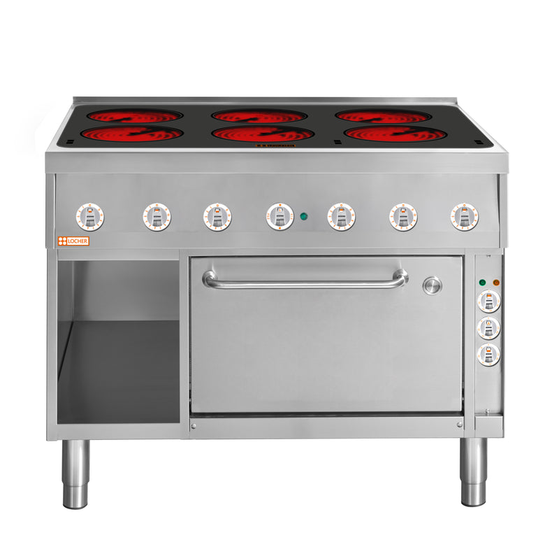 Locher Elektroherd, 6 Kochstellen á 3 kW, 
Strahlheizkörper mit elektronischer Topferkennung
und Brat- und Backofen GN 1/1+ mit Umluft