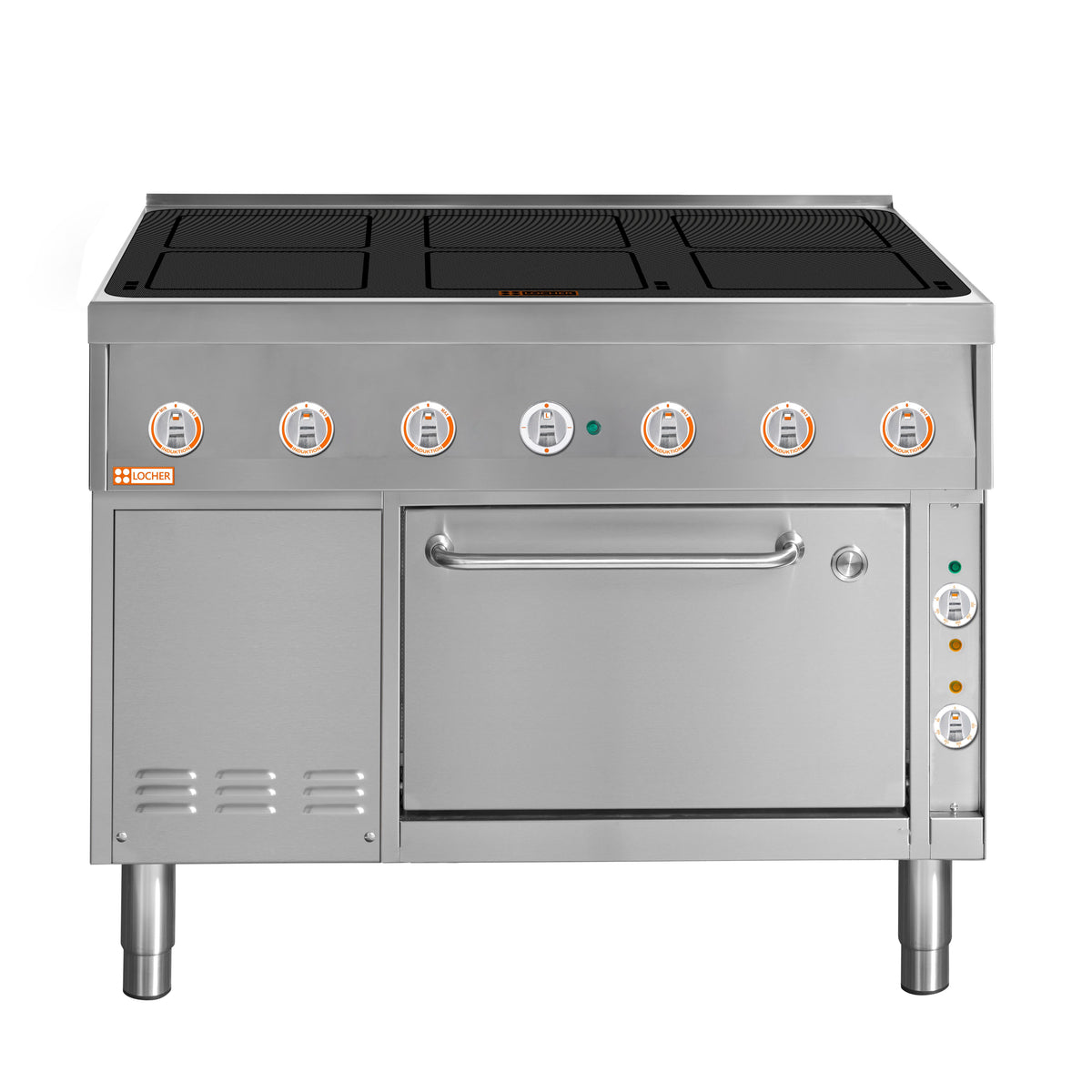 Locher Induktionsherd, 6 Kochstellen á 5 kW
und Bratofen GN 2/1 mit Ober-/Unterhitze