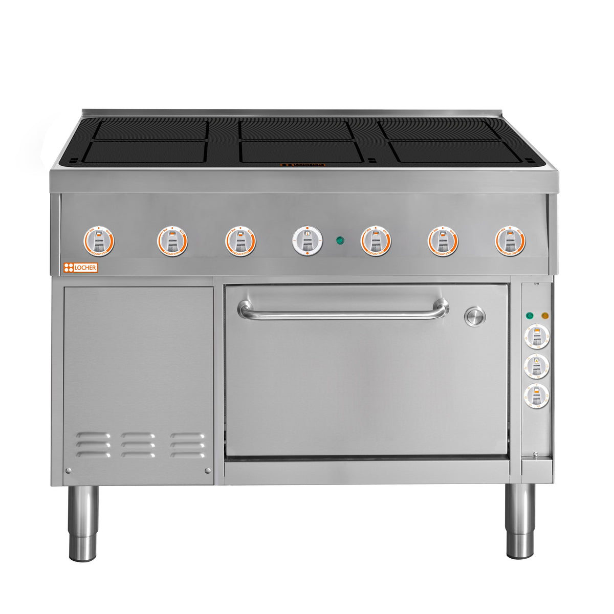 Locher Induktionsherd, 6 Kochstellen á 5 kW und Brat- und Backofen GN 1 1/2 mit Umluft
