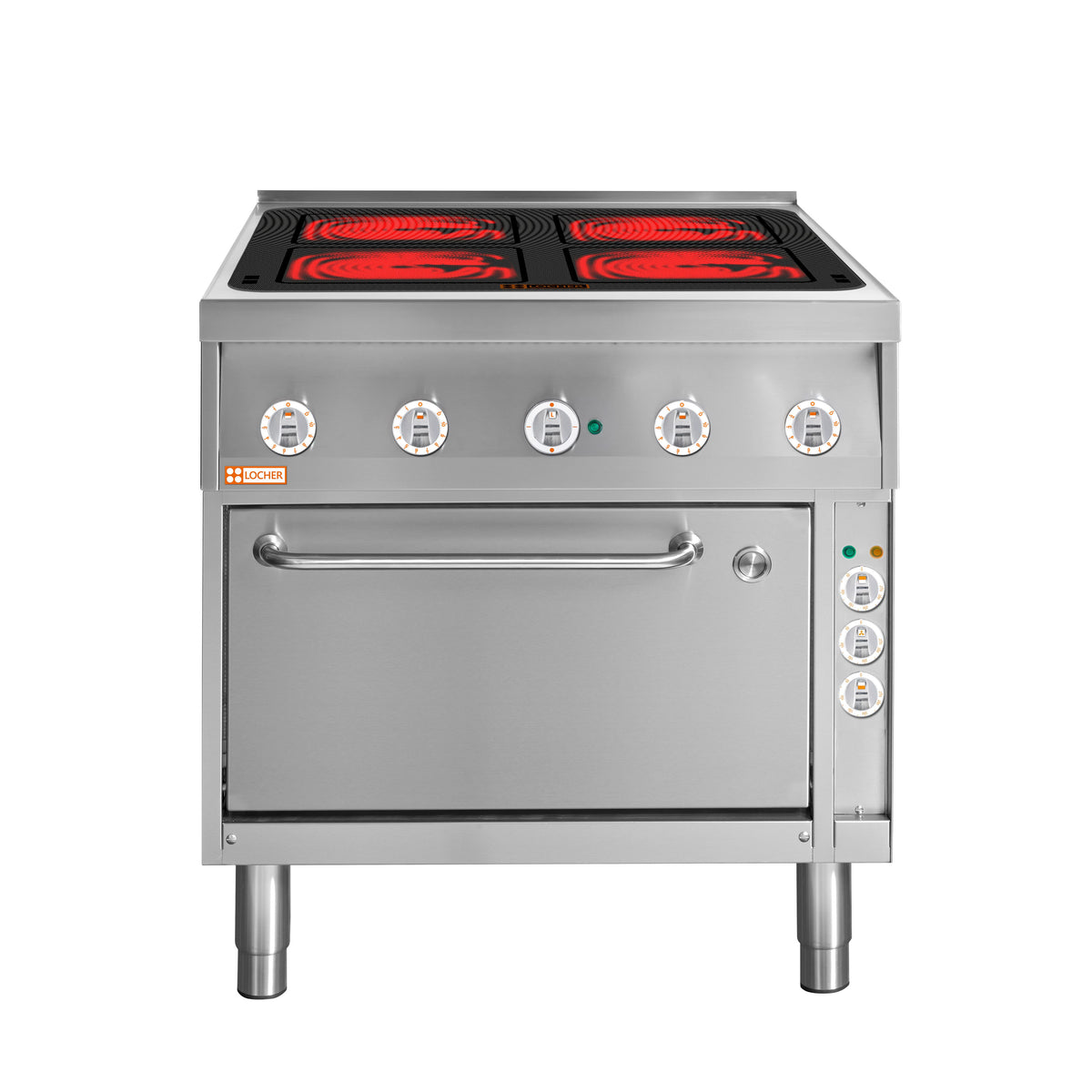 Locher Elektroherd, 4 Kochstellen á 4 kW, 
Strahlheizkörper mit elektronischer Topferkennung und Brat- und Backofen GN 1 1/2 mit Umluft