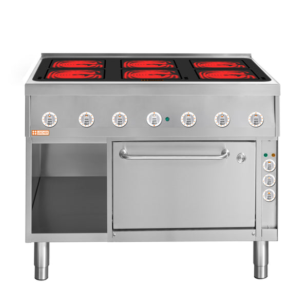 Locher ﻿Elektroherd, 6 Kochstellen á 4 kW, 
Strahlheizkörper mit elektronischer Topferkennung
Brat- und Backofen GN 1 1/2 mit Umluft