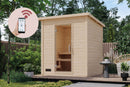 Karibu Mini Gartensauna "Saunahaus Hytti 2 Exclusive naturbelassen / + Ofen und HUUM WIFI Steuergerät Sparset" 4 Personen