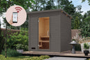 Karibu Mini Gartensauna "Saunahaus Hytti 2 Exclusive terragrau / + Ofen und HUUM WIFI Steuergerät Sparset" 4 Personen