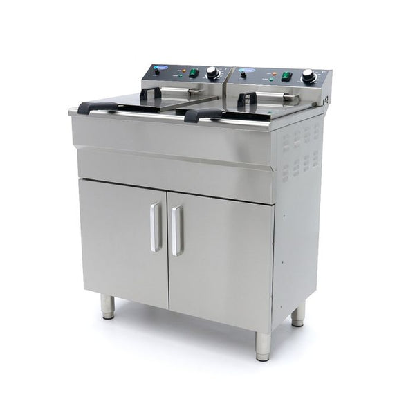 MAXIMA Gastro Fritteuse - 2 x 16 l - 2 Körbe - mit Ablasshahn und Ständer - 230V