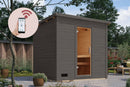 Karibu Mini Gartensauna "Saunahaus Hytti 3 Exclusive terragrau / + Ofen und HUUM WIFI Steuergerät Sparset" 5 Personen