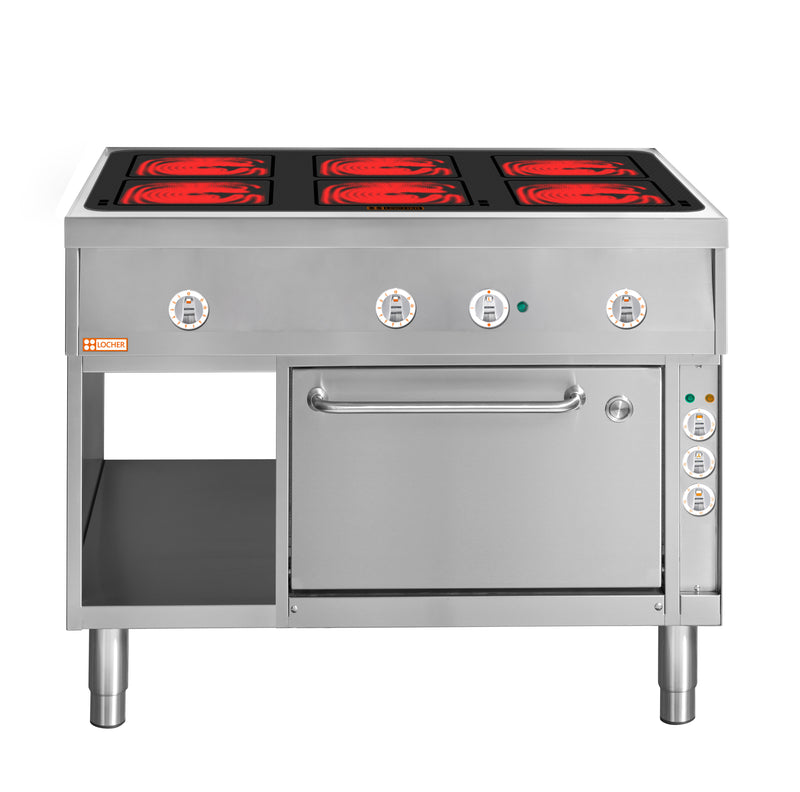 Locher ﻿Elektroherd, 6 Kochstellen á 4 kW, 
Strahlheizkörper mit elektronischer Topferkennung
Brat- und Backofen GN 1 1/2 mit Umluft