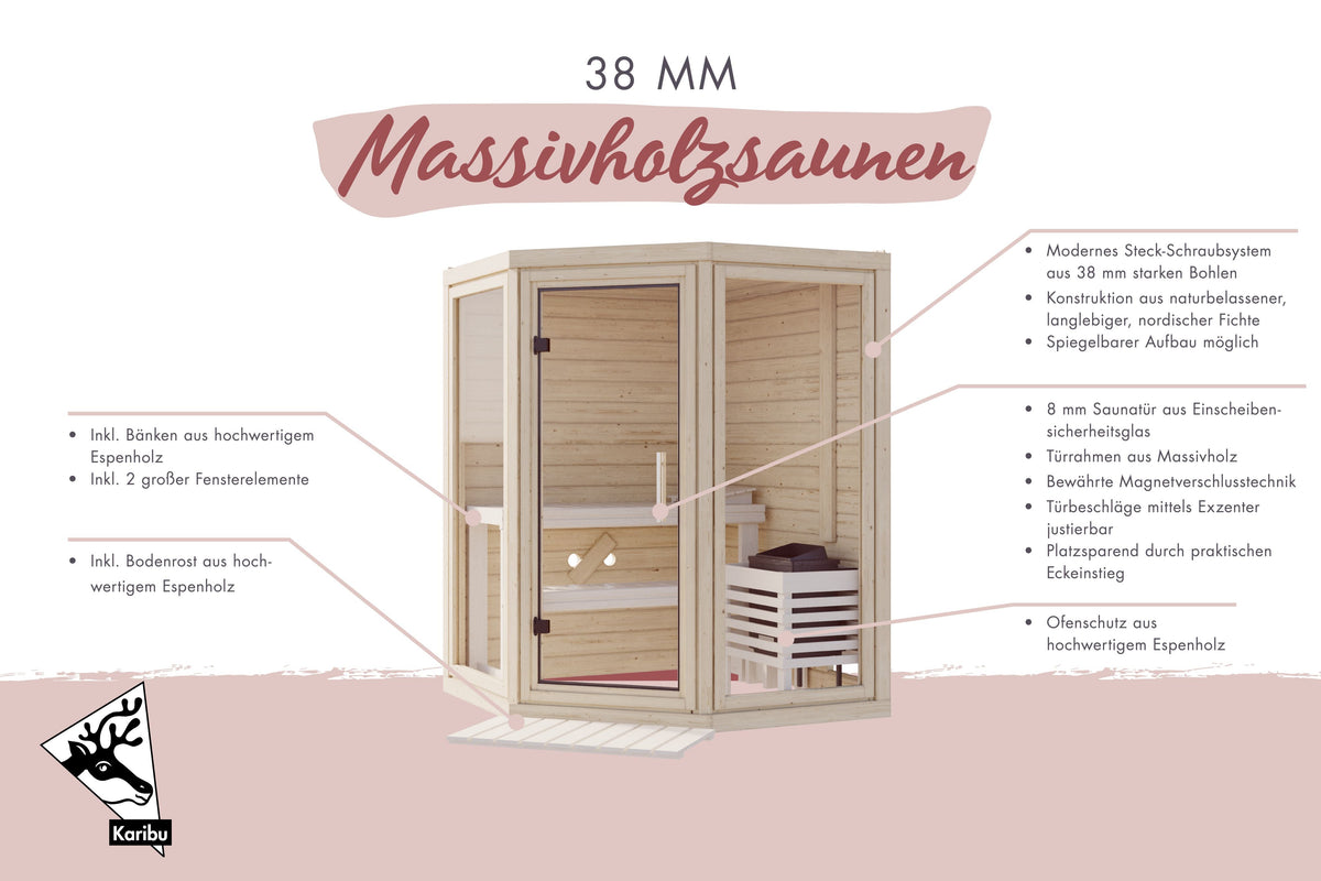 Karibu Sauna Yuma 38 mm, inkl. 9 kW Ofen integr. Steuerung