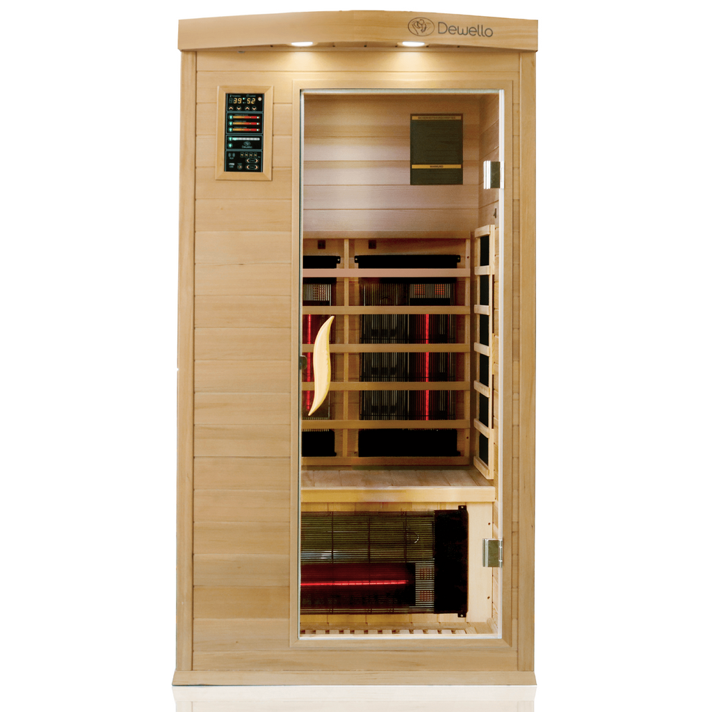 Dewello Infrarotkabine PIERSON PRO 100x100cm, 1 Person, Hemlock & Zeder, 3 DUO-Vollspektrumstrahler, 3 Karbonstrahler