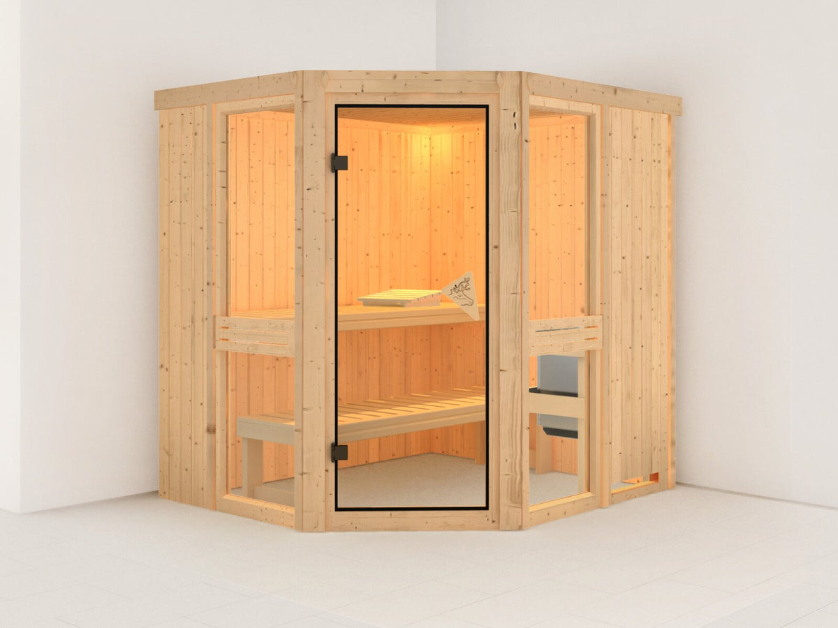 Karibu Sauna Amelia 1 inkl. 9 kW Bioofen ext. Steuerung Wifi HUUM - ohne Dachkranz -