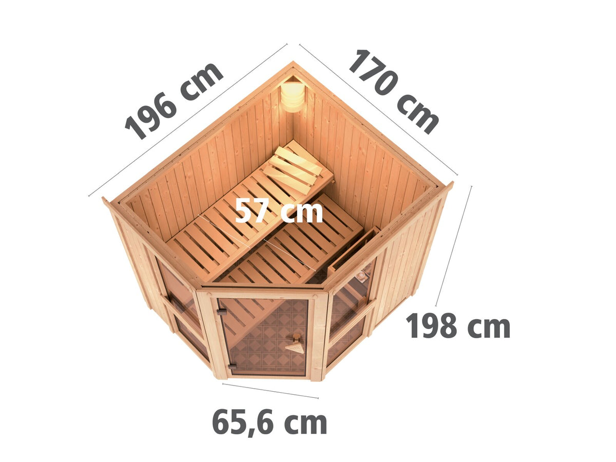 Karibu Sauna Amelia 1 inkl. 9 kW Bioofen ext. Steuerung Wifi HUUM - ohne Dachkranz -