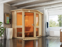 Karibu Sauna Amelia 1, inkl. 9 kW Ofen ext. Steuerung Wifi HUUM - mit Dachkranz - – Vorschau 1