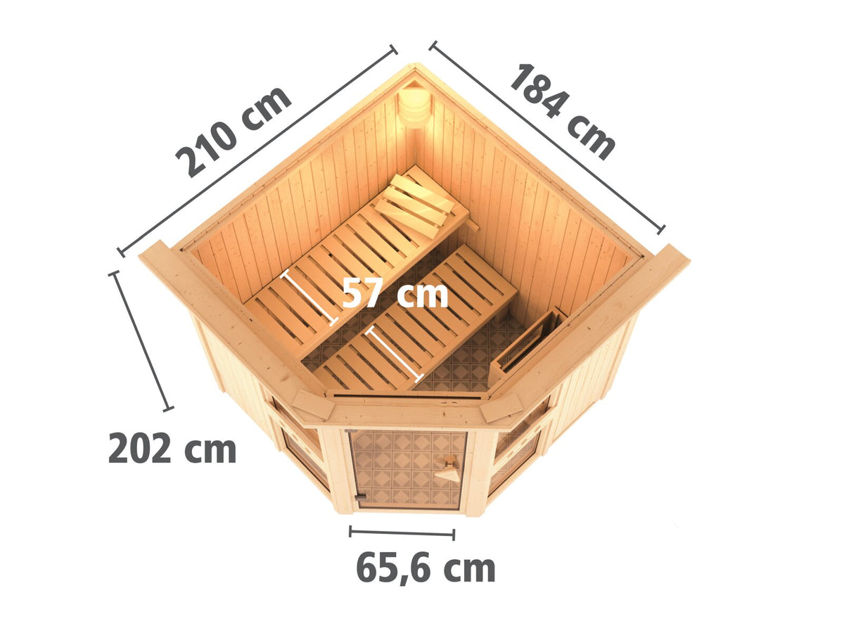 Karibu Sauna Amelia 1, inkl. 9 kW Bioofen ext. Steuerung Wifi HUUM - mit Dachkranz -