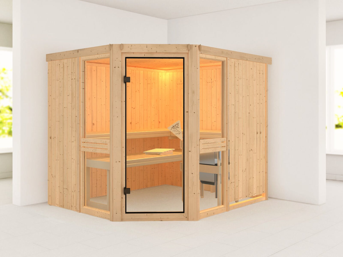 Karibu Sauna Amelia 3 inkl. 9 kW Ofen ext. Steuerung Wifi HUUM - ohne Dachkranz -
