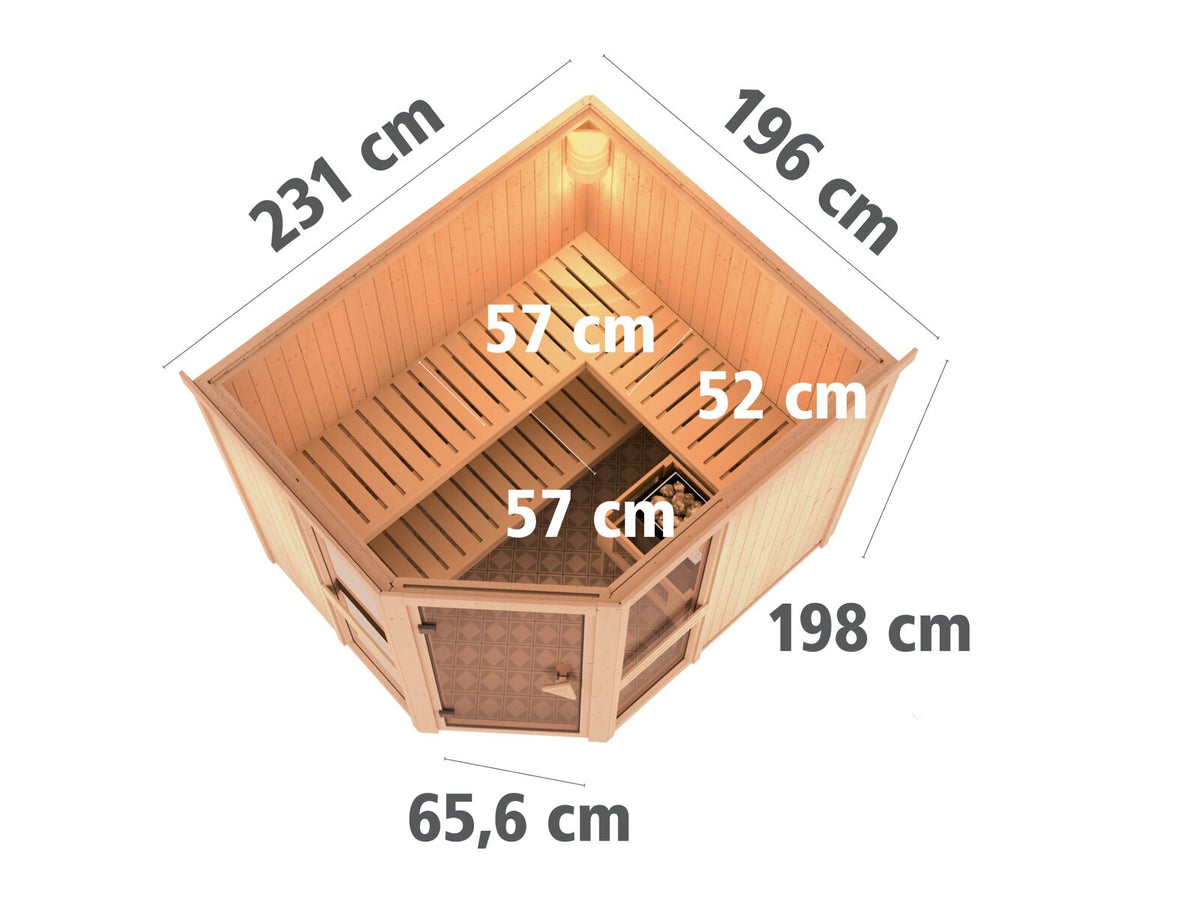 Karibu Sauna Amelia 3 inkl. 9 kW Ofen ext. Steuerung Wifi HUUM - ohne Dachkranz -
