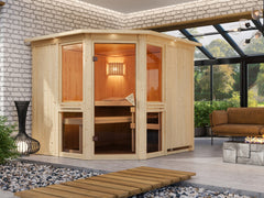 Karibu Sauna Amelia 3 inkl. 9 kW Bioofen ext. Steuerung Wifi HUUM - mit Dachkranz - – Vorschau 1