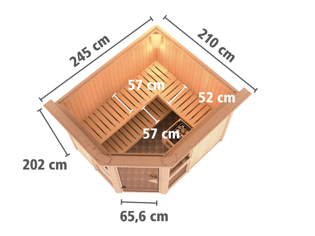 Karibu Sauna Amelia 3 inkl. 9 kW Bioofen ext. Steuerung Wifi HUUM - mit Dachkranz -