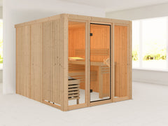 Karibu Sauna Askja 68 mm, inkl. 9 kW Bioofen ext. Steuerung Wifi HUUM - ohne Dachkranz - – Vorschau 1
