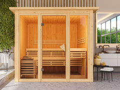 Karibu Sauna Askja 68 mm, inkl. 9 kW Bioofen ext. Seuerung Wifi HUUM - mit Dachkranz - – Vorschau 1