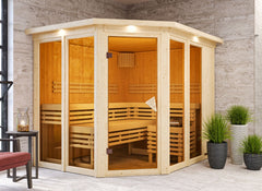 Karibu Sauna Ainur 3, 68 mm, inkl. 9 kW Bioofen ext. Steuerung Wifi HUUM - mit Dachkranz - – Vorschau 2