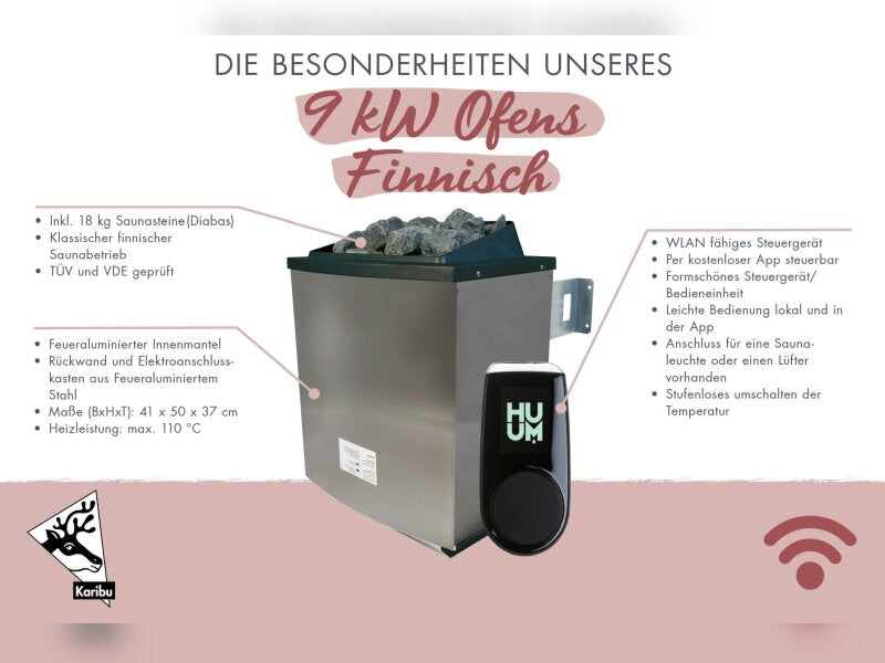 Karibu Sauna Alcinda 2, 68 mm, inkl. 9 kW Ofen ext. Steuerung Wifi HUUM - ohne Dachkranz -