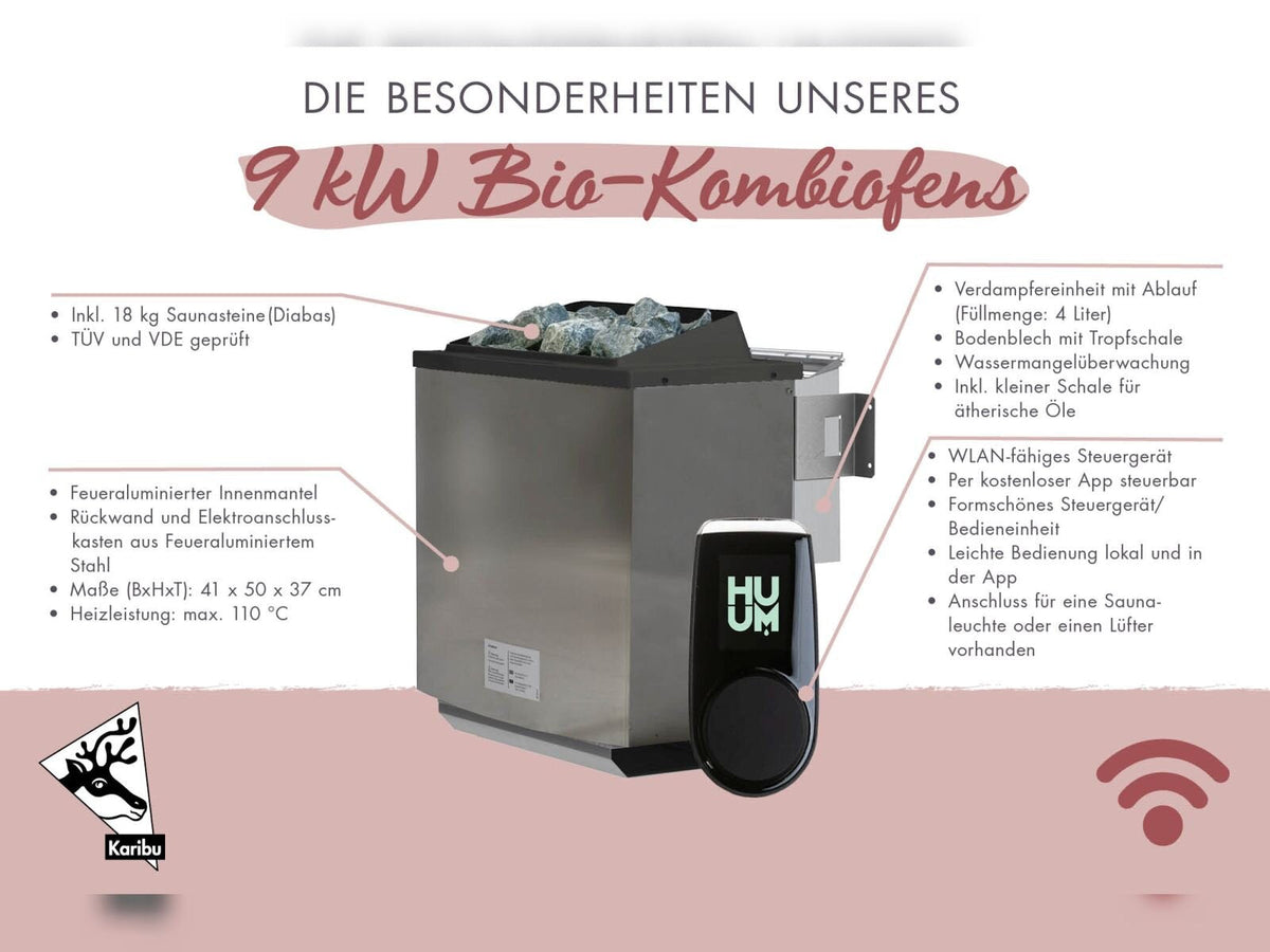 Karibu Sauna Alcinda 2, 68 mm, inkl. 9 kW Bioofen ext. Steuerung Wifi HUUM - ohne Dachkranz -