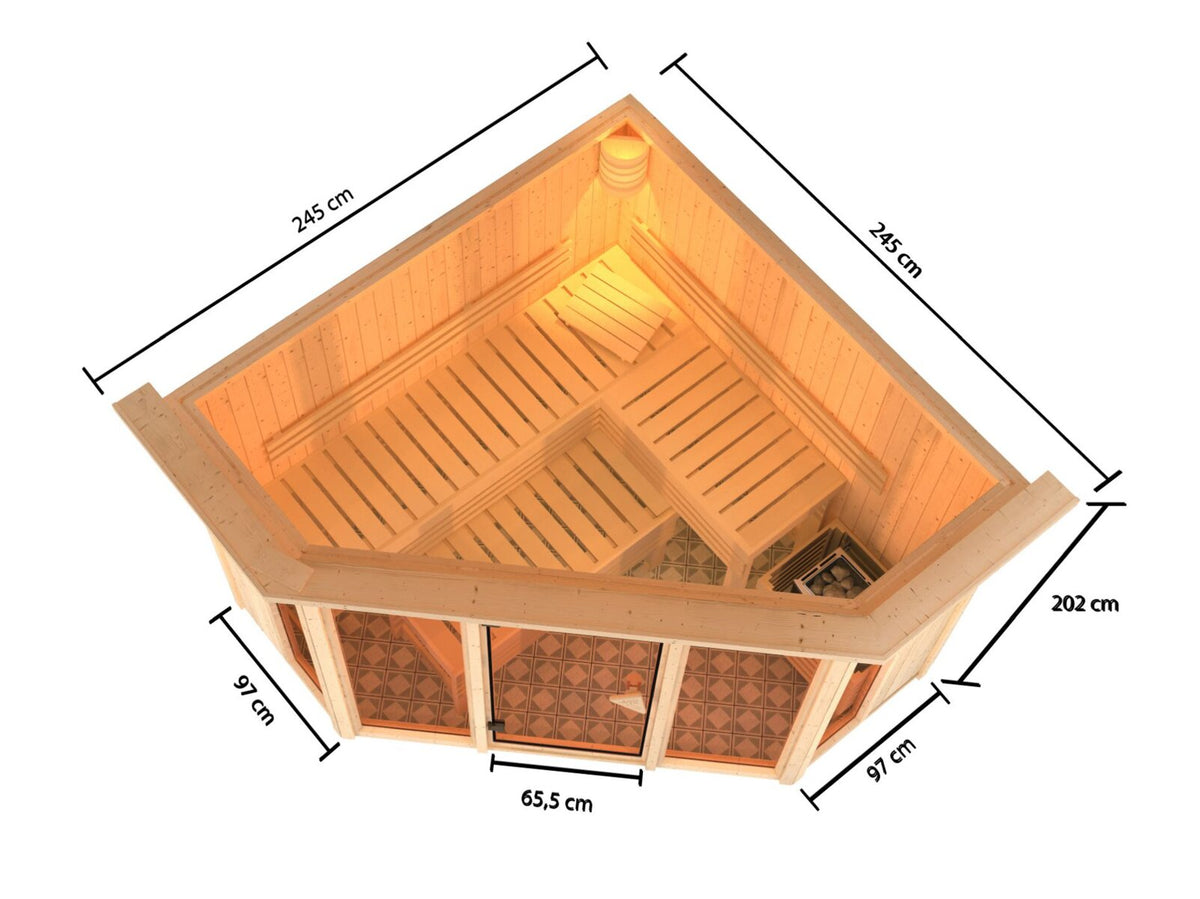Karibu Sauna Alcinda, 68 mm, inkl. 9 kW Ofen ext. Streuerung Wifi HUUM - mit Dachkranz -