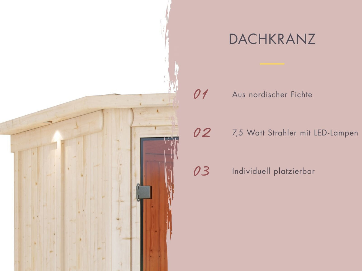 Karibu Sauna Alcinda, 68 mm, inkl. 9 kW Ofen ext. Streuerung Wifi HUUM - mit Dachkranz -
