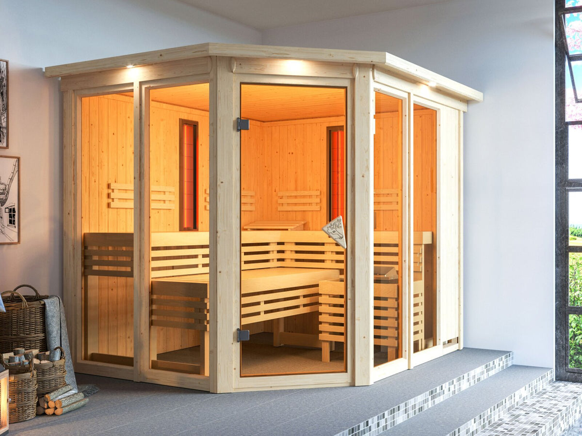 Karibu Multifunktions-Sauna Ava, inkl. 9 kW Ofen ext. Steuerung Wifi HUUM und Infrarothstrahler - mit Dachkranz -