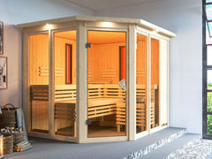 Karibu Multifunktions-Sauna Ava, inkl. 9 kW Ofen ext. Steuerung Wifi HUUM und Infrarothstrahler - mit Dachkranz - – Vorschau 1
