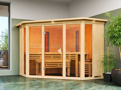 Karibu Multifunktions-Sauna Asta, inkl 9 kW Ofen ext. Steuerung Wifi HUUM und Infrarotstrahler - mit Dachkranz - – Vorschau 1