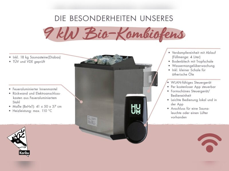 Karibu Saunahaus Mainburg 1 naturbelassen, inkl. 9kW Bioofen ext. Steuerung HUUM